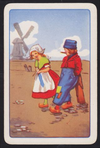1 Single Vintage Swap/playing Card Dutch Couple Clogs Windmill Clouds Day