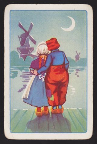 1 Single Vintage Swap/playing Card Dutch Couple Clogs Windmill Pier Night Moon