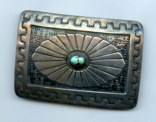 Vintage Navajo Sterling Silver Turquoise Hand Stamped Belt Buckle