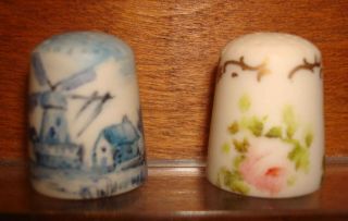 Vintage Bisque Porcelain Hand Painted Rose Delft Blue Windmill Sailboat Sewing T