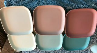 Vintage Set Of 6 Tupperware Square Luncheon Plates Pastel Colors 1534