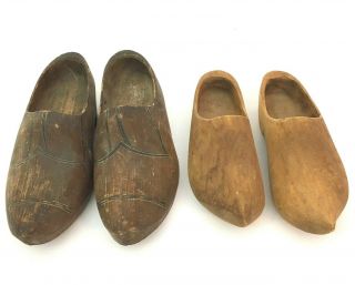 Authentic Vintage Primitive Hand Carved Painted Wooden Shoes Clogs Worn 2 Pairs