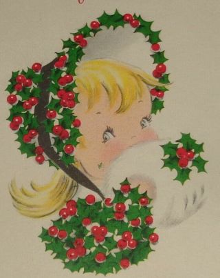 Vintage Christmas Card,  Cute Girl With A Holly Bonnet,  Norcross 4 1/4 "