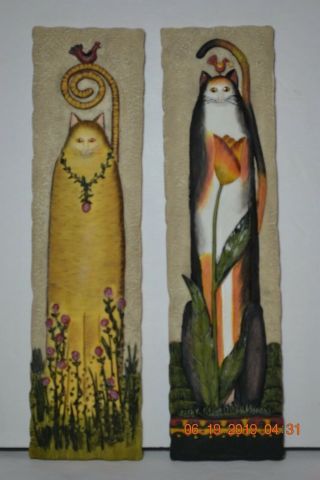 Two Folk Art E Smithson Cat Decor Hanging Plaques