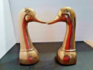 9 1/4  Brass Goose Head Bookends - Large Vintage Pair Mid Century Duck