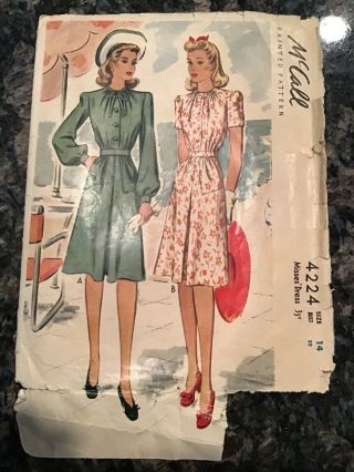 Vtg 1940’s Mccall 4244 Woman Dress Sewing Pattern Bust 32 Size 14 Pleat Front