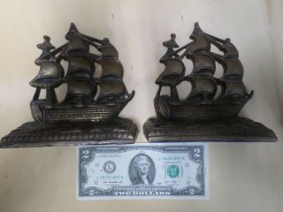 Vintage Brass Book Ends Uss.  Constitution Patina