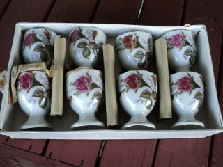 Vintage Set Of 8 Porcelain Egg Cups - Moss Rose - Japan - Box