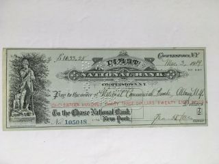 1919 First National Bank Cooperstown Ny Cancelled Cashiers Check From Chase Bank