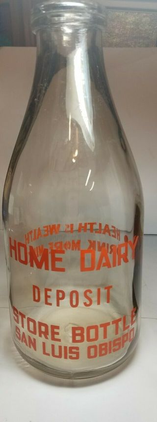 Vintage Half Gallon Milk Bottle Home Dairy San Luis Obispo Store Bottle Euc