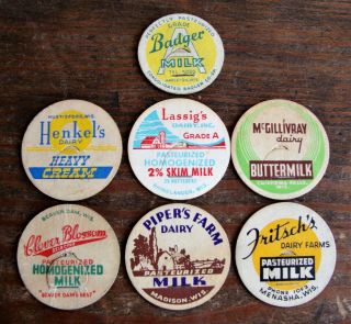 Milk Bottle Dairy Cap Set Of Seven Caps Various Wisconsin Towns And Dairies