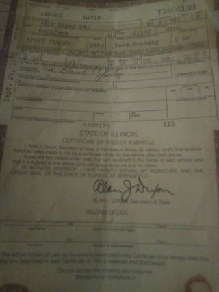 Vtg Car Title Illinois 1965 Ford Mustang 2 Dr Historical Document
