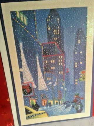 Vintage Glittered Christmas Card Girl In The City,  Env
