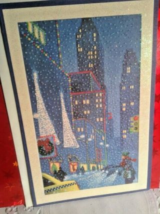 Vintage Glittered Christmas Card Girl In The City,  env 2