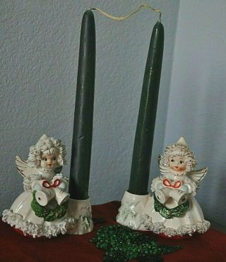 Vintage Pair Commodore Christmas Angels Candle Holders 4 " Spaghetti Trim
