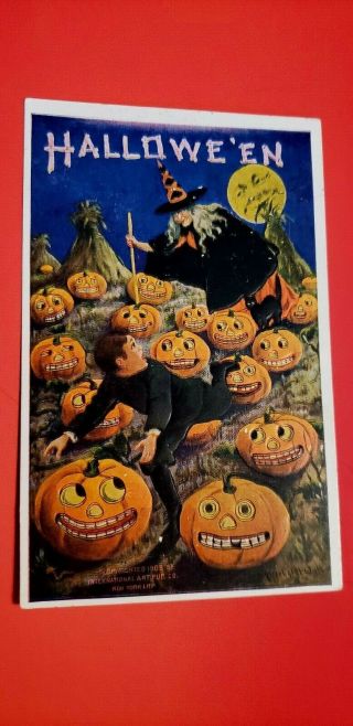 Vintage Halloween Postcard Boy Running In A Lrg Field Of Jol Chased By Witch
