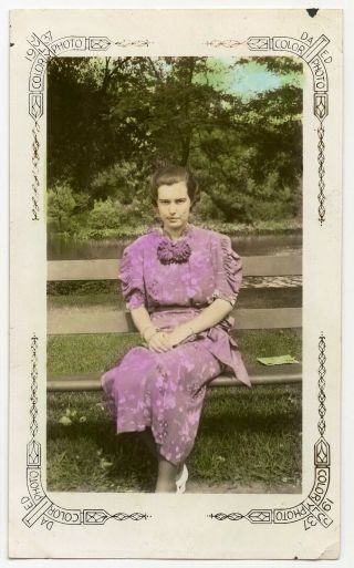 1937 Woman Park Hand Tinted Purple Dress Fashion Border Vintage Snapshot Photo