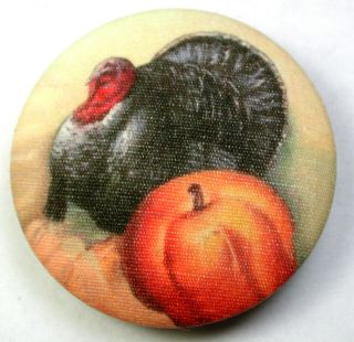 Fabric Covered Button Hand Printed Turkey & Pumpkin 1 & 1/2 "