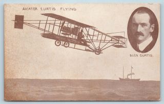 Postcard Aviator Glen Curtis Flying Biplane Q14