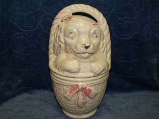 Vintage Ca.  1930 American Bisque Dog In A Basket Cookie Jar Patent Pending Puppy