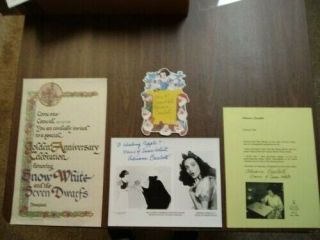 Snow White Adriana Caselotti Signed Photo & Note Sheet W/50th Anniversary Flyer