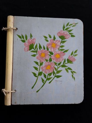 Vintage Hand Painted Wooden Cover Photo Album Empty 14 Pages
