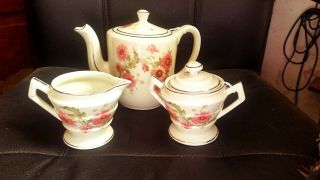 Vintage Hall China " Mums " Teapot,  Creamer,  Sugar Flowers Set