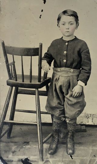 Antique American Cute Boy Lad In Britches Socks Boots High Chair Tintype Photo