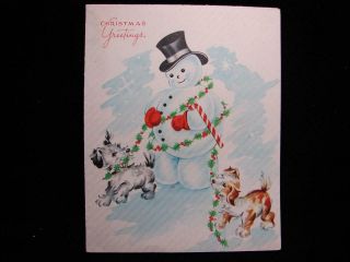 Vintage " Puppies Walking Their Snowman " Christmas Greeting Card