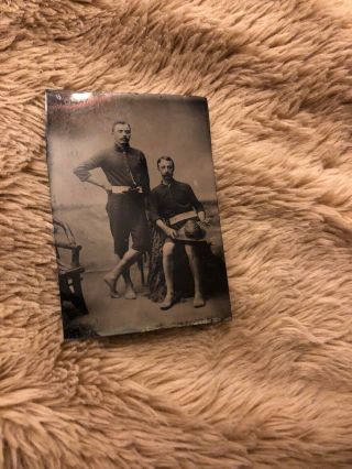 Tintype Early 1900s 2 Handsome Sexy Men Bare Legs Feet Beach Swim Suit Gay Male