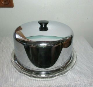 Vintage Cake Plate Keeper Glass & Chrome Aluminum Dome Cover 2 Footed