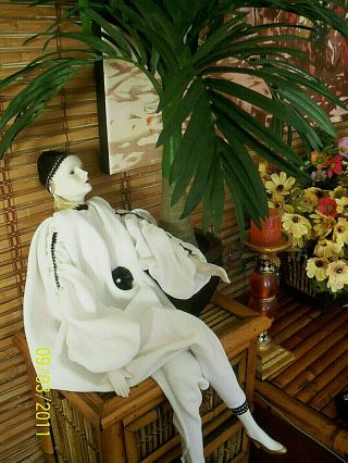 Vintage Elegant Harlequin Jester Pierrot Large Doll - 27 " - White Dress