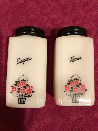 Vintage Tipp Usa Flour Sugar Shakers Porcelain Milk Glass 4 1/4”tall.