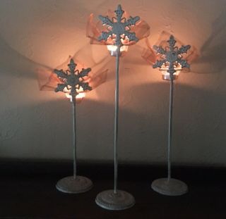 3 Tall Heavy Metal Candle Holders.  Snowflake.  Christmas.  W Copper Mesh.  Unique