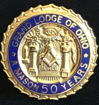 Vintage Mason 50 Years Grand Lodge Ohio Gold Tone Lapel Pin