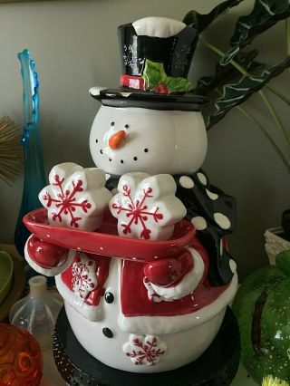 Cracker Barrel I Love Snow Days Snowman Cookie Jar W Salt Pepper Shakers Xmas