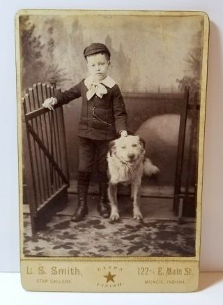 Young Boy With His Pet Dog,  Mutt,  Muncie,  Indiana; Cabinet Card Photo