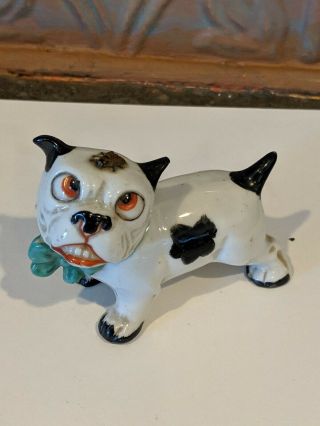 Vintage Japan Ceramic Bull Dog Figurine Comical With Fly On His Head
