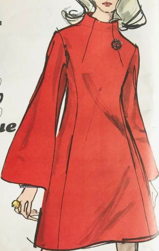 Vintage 1960s 1970s Vogue 7691 Easy 1 Piece Bell Sleeve Dress Pattern Bust 32.  5 2