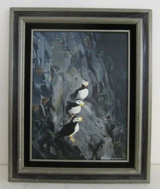 Gene Ferguson Signed Vintage Abstract Modern Puffins Oil Painting Framed 17x21