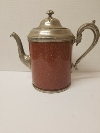 Antique Graniteware Coffee Pot Speckled Brown Pewter 9” Manning Bowman M B & Co