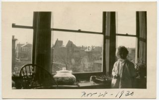 Little Girl Near Silhouette Window City Glass Jar 1930 Vintage Snapshot Photo