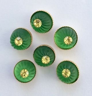 6 X11mm Vintage Translucent Green Glass Buttons/yellow Rhinestones,  Brass Casing