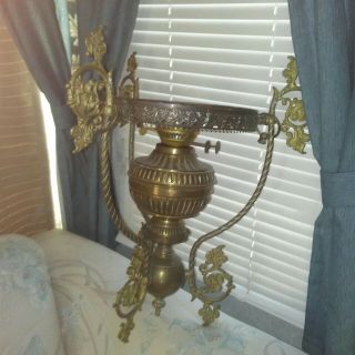Antique Vintage Victorian Ornate Brass Hanging Oil Lamp Frame / Fixture