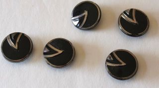 5 Vintage Black Glass Buttons Shank Black With Silver Inlay 7/8 " Inv.  101