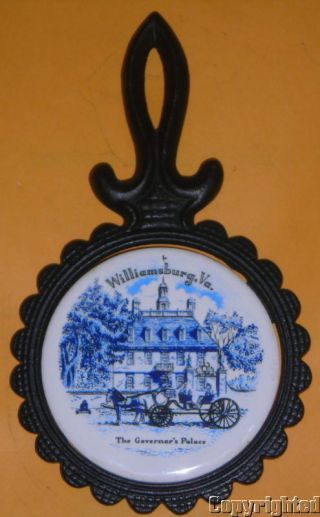 Vintage Metal Cast Iron Ceramic Tile Trivet Williamsburg,  Va Governor 