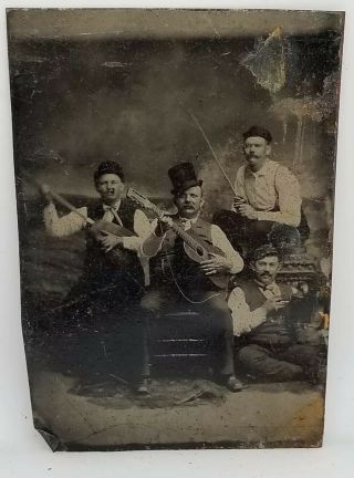Tintype 4 Men Posing Instruments Guitar Studio Pic Great Early Music Image Cigar
