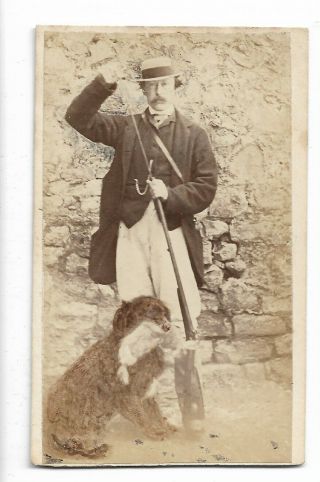 Victorian Cdv Photo Hunting Man With Gun & Dog With Rabbit Unstated Photographer