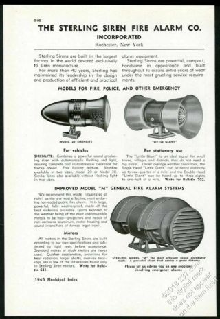 1945 Sterling Siren Police Fire Engine Alarm System 3 Models Photo Print Ad