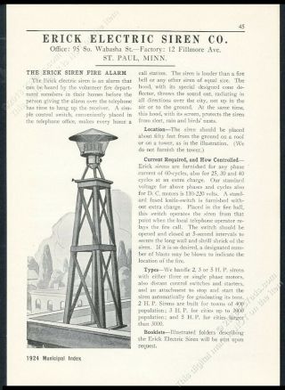 1924 Erick Electric Siren Fire Alarm Illustrated Vintage Trade Print Ad